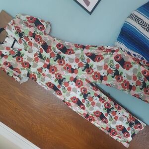 Retro Floral Short-sleeved V-neck Jumpsuit